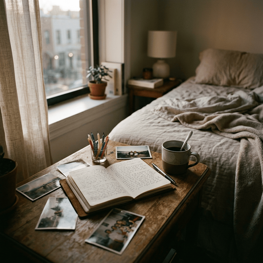 Open journal, colored pencils, photographs, and coffee beside an unmade bed